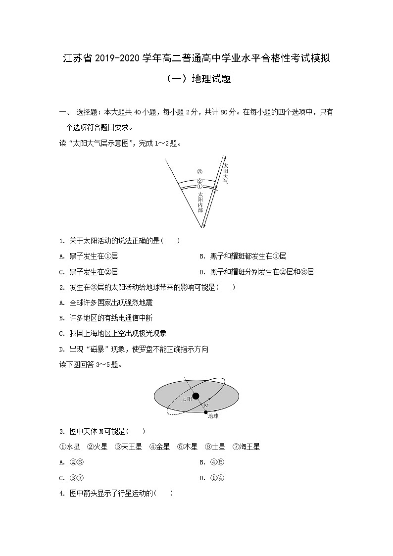 【地理】江苏省2019-2020学年高二普通高中学业水平合格性考试模拟（一）试题（解析版）01