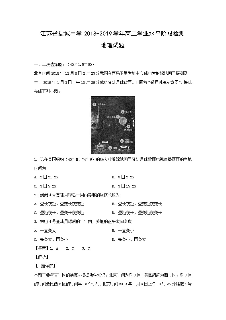 【地理】江苏省盐城中学2018-2019学年高二学业水平阶段检测试题（解析版）01