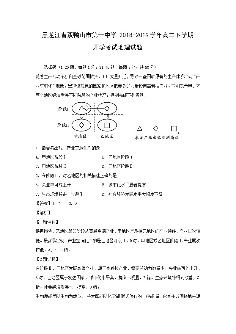 【地理】黑龙江省双鸭山市第一中学2018-2019学年高二下学期开学考试试题（解析版）第1页