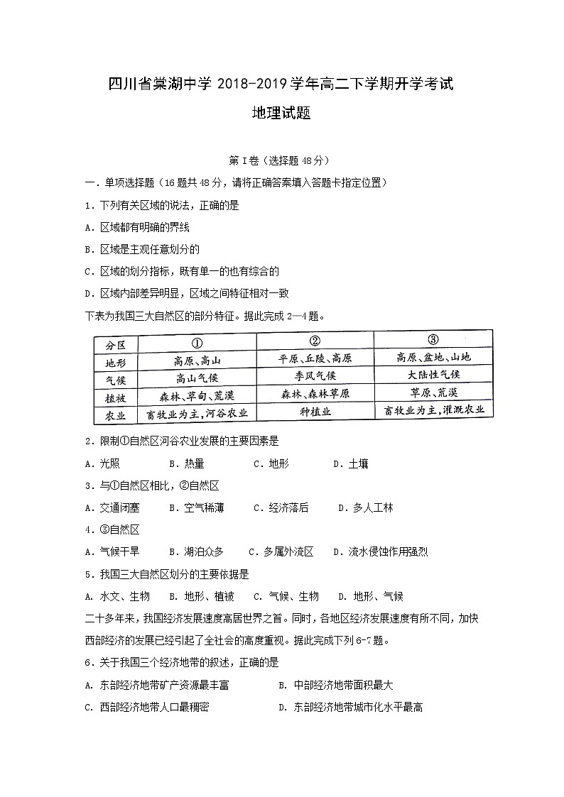 【地理】四川省棠湖中学2018-2019学年高二下学期开学考试试题01