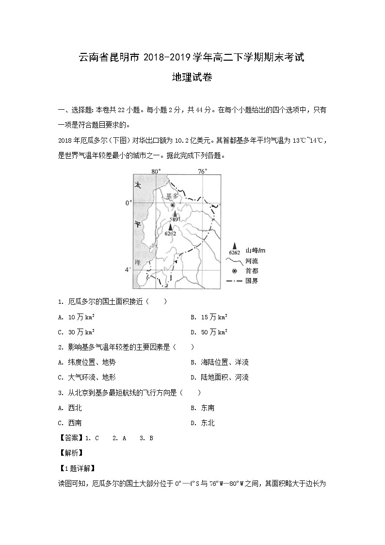 【地理】云南省昆明市2018-2019学年高二下学期期末考试试卷（解析版）01