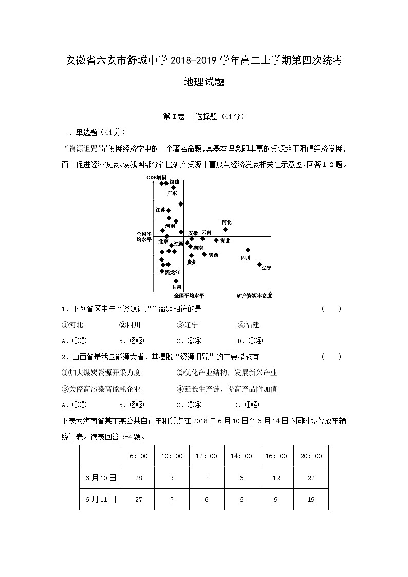 【地理】安徽省六安市舒城中学2018-2019学年高二上学期第四次统考试题01