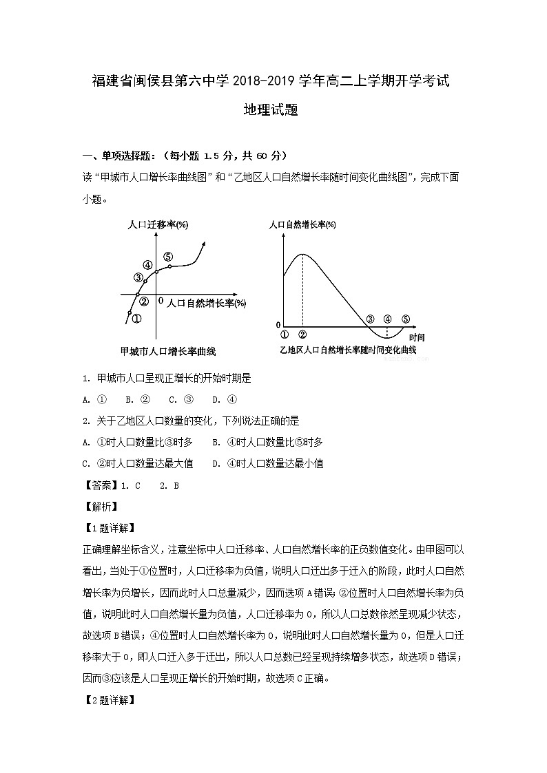 【地理】福建省闽侯县第六中学2018-2019学年高二上学期开学考试试题（解析版）01