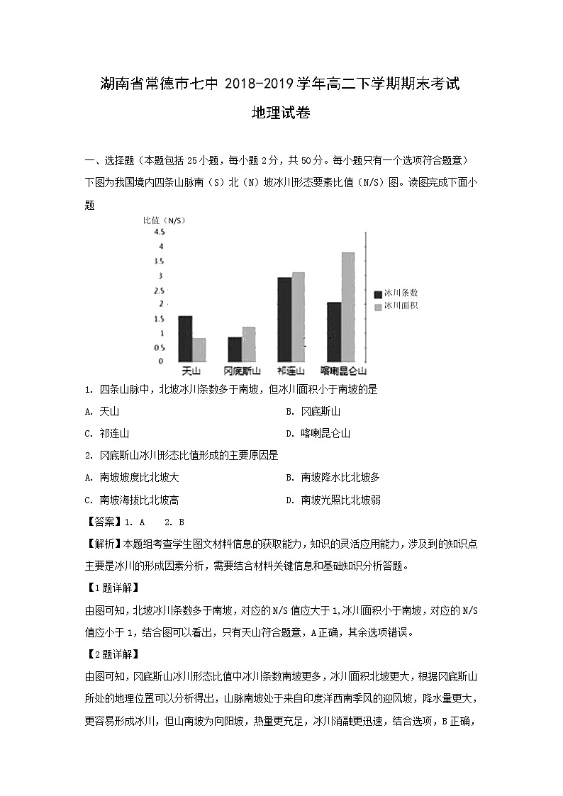 【地理】湖南省常德市七中2018-2019学年高二下学期期末考试1706班试卷（解析版）01