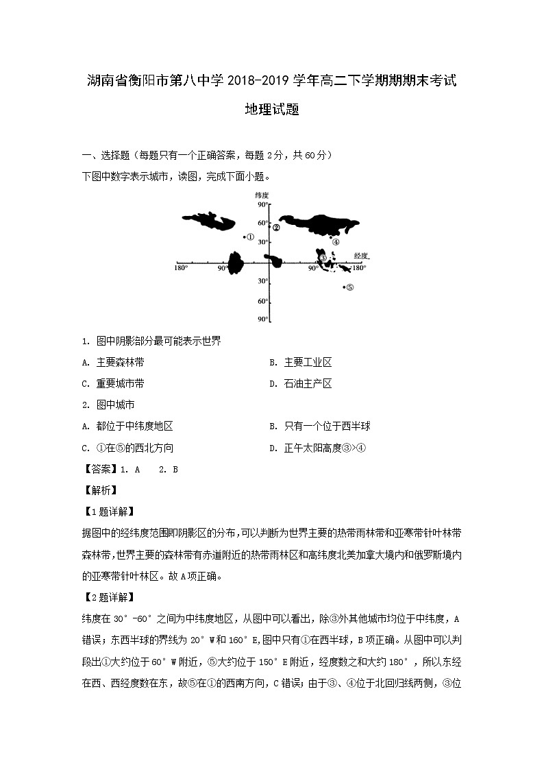 【地理】湖南省衡阳市第八中学2018-2019学年高二下学期期期末考试试题（解析版）01