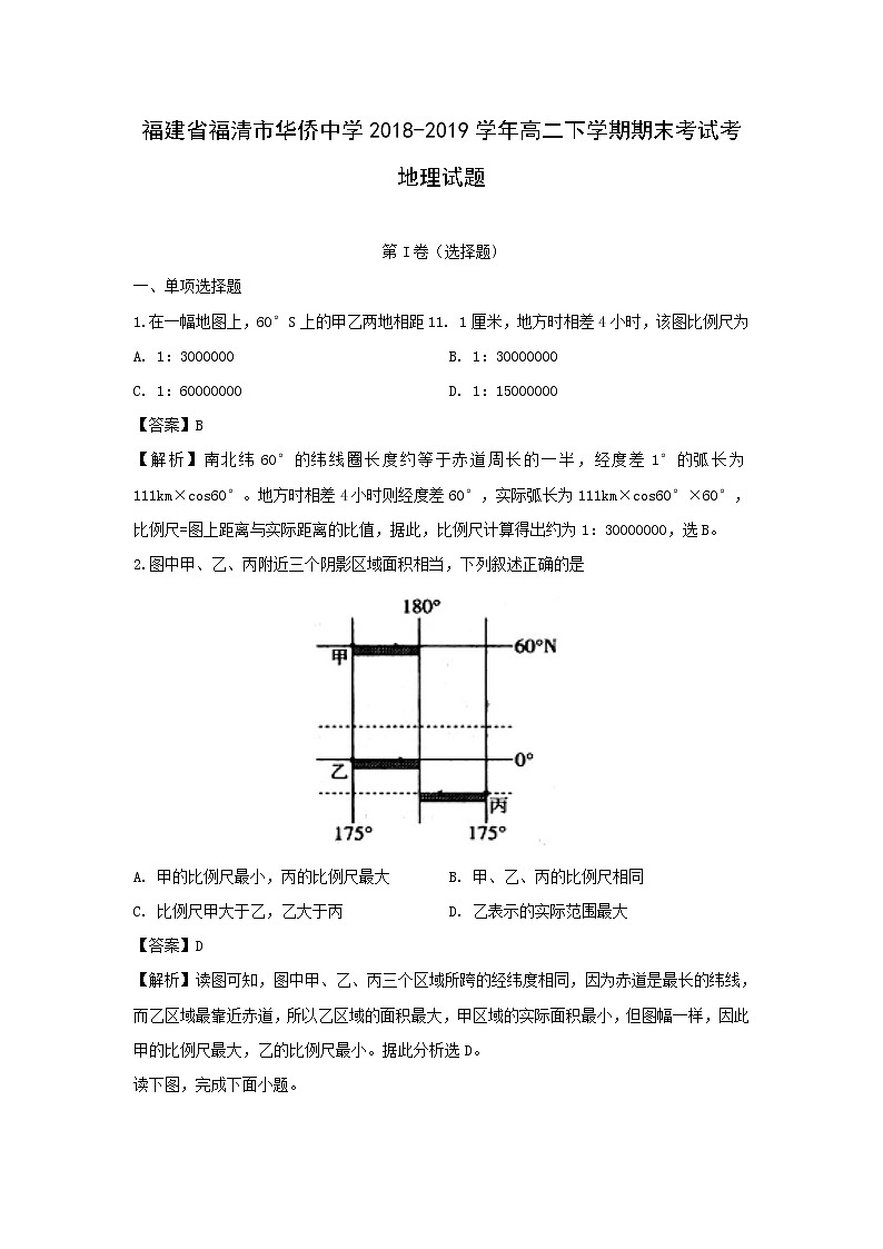 【地理】福建省福清市华侨中学2018-2019学年高二下学期期末考试考试题（解析版）01