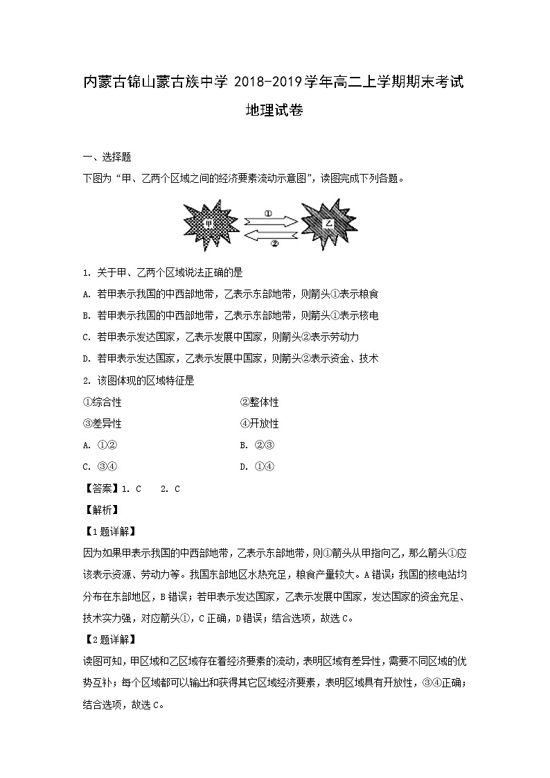 【地理】内蒙古锦山蒙古族中学2018-2019学年高二上学期期末考试试卷（解析版）01