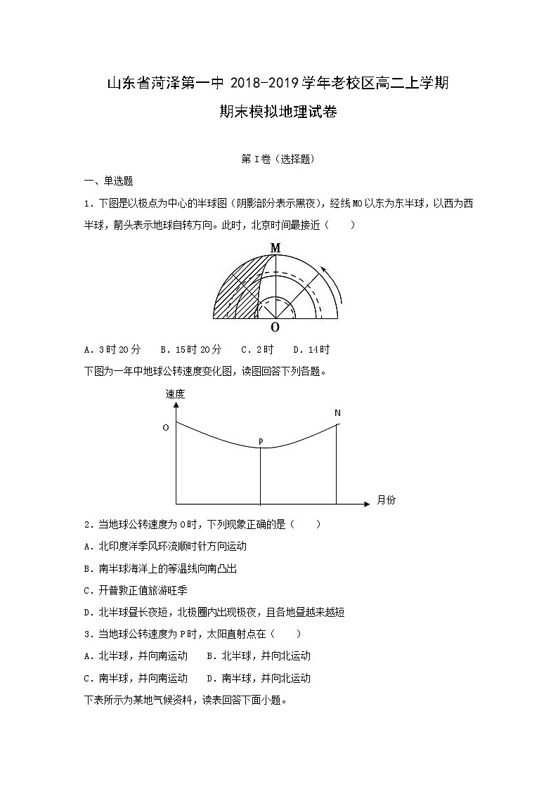 【地理】山东省菏泽第一中2018-2019学年老校区高二上学期期末模拟试卷（解析版）01