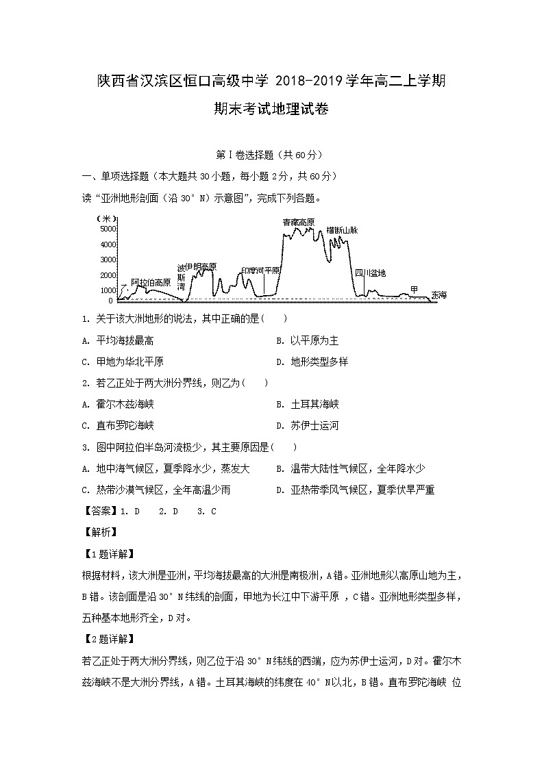 【地理】陕西省汉滨区恒口高级中学2018-2019学年高二上学期期末考试试卷（解析版）01