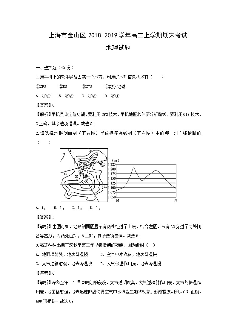 【地理】上海市金山区2018-2019学年高二上学期期末考试试题（解析版）第1页