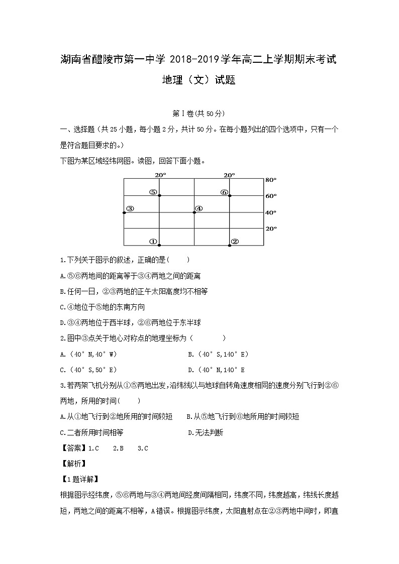 【地理】湖南省醴陵市第一中学2018-2019学年高二上学期期末考试（文）试题（解析版）01