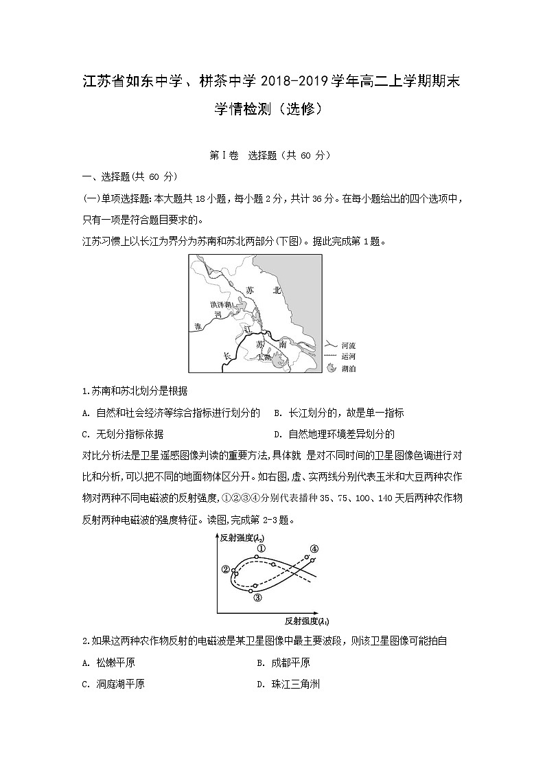 【地理】江苏省如东中学、栟茶中学2018-2019学年高二上学期期末学情检测（选修）01