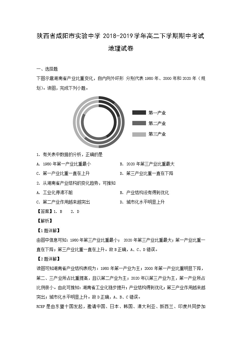 【地理】陕西省咸阳市实验中学2018-2019学年高二下学期期中考试试卷（解析版）01