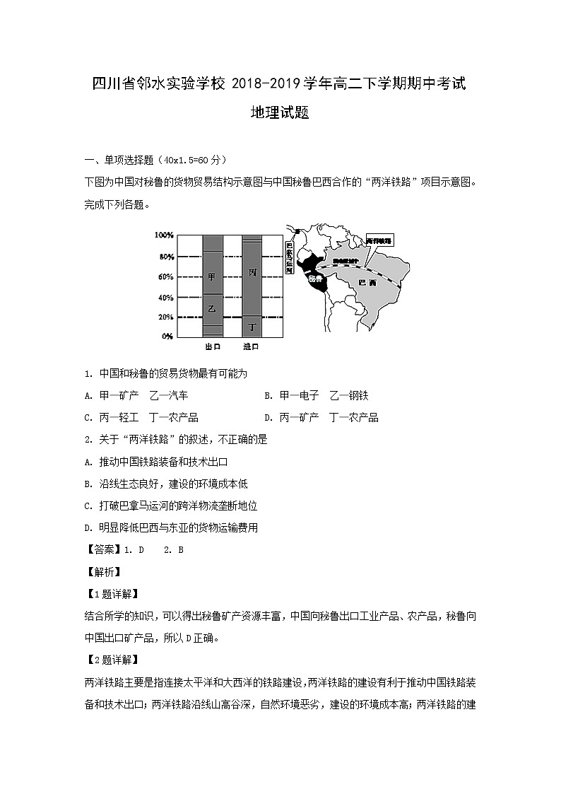 【地理】四川省邻水实验学校2018-2019学年高二下学期期中考试试题（解析版）01