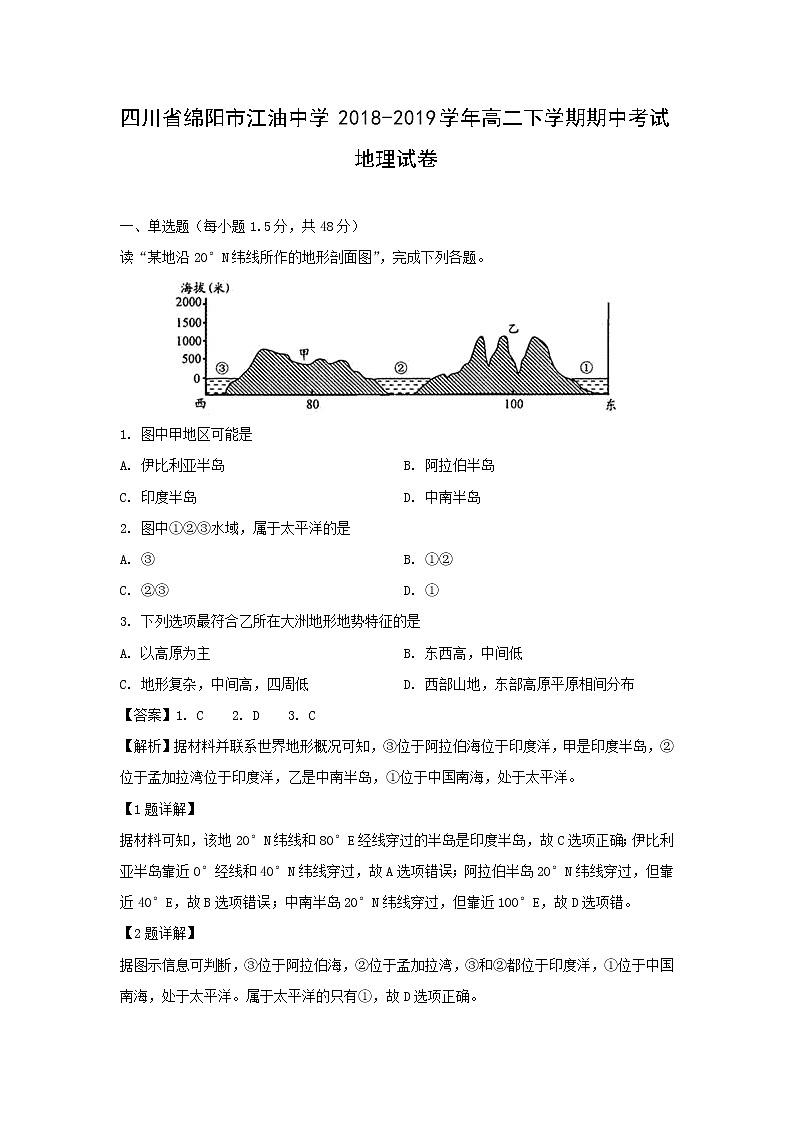 【地理】四川省绵阳市江油中学2018-2019学年高二下学期期中考试试卷（解析版）01