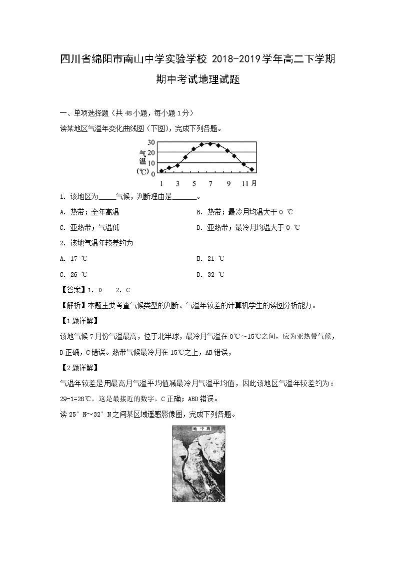 【地理】四川省绵阳市南山中学实验学校2018-2019学年高二下学期期中考试试题（解析版）01