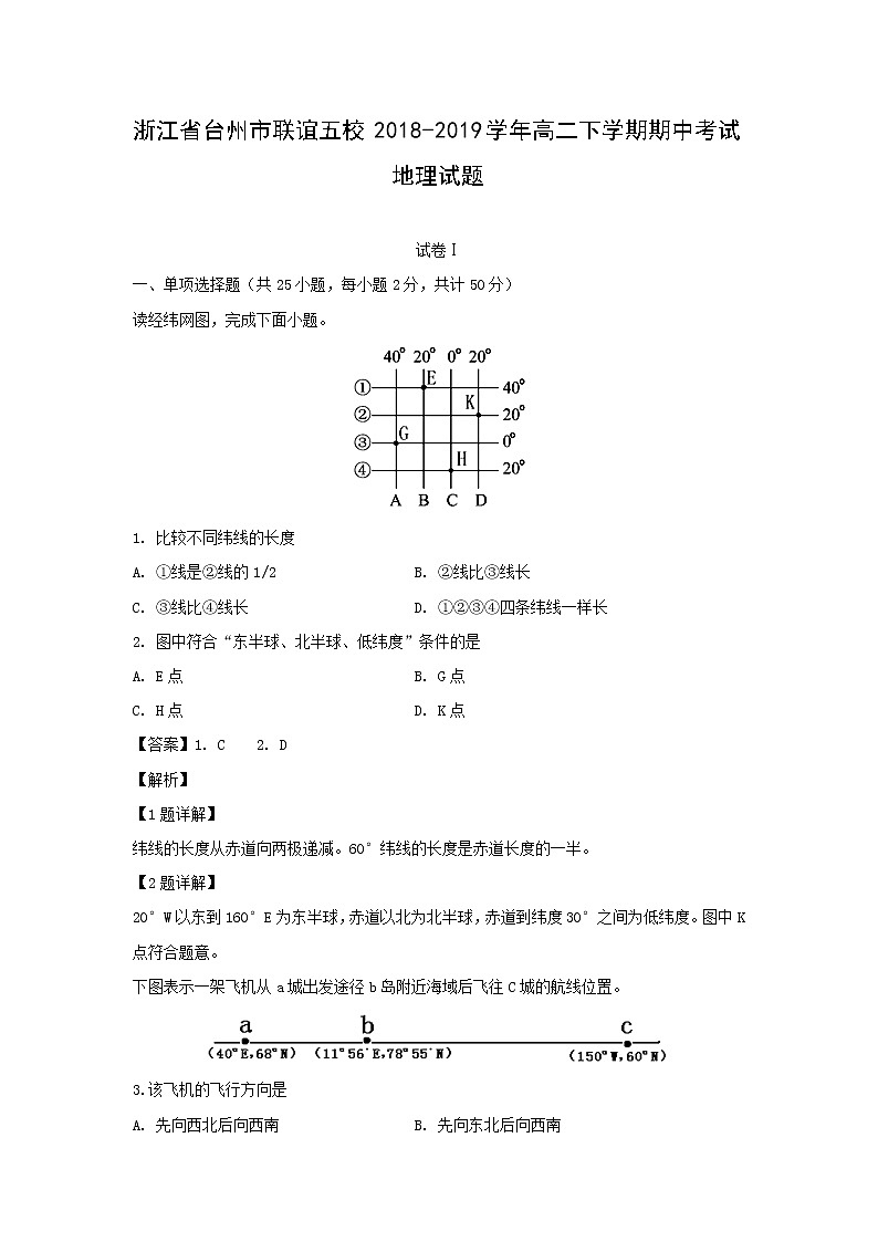 【地理】浙江省台州市联谊五校2018-2019学年高二下学期期中考试试题（解析版）01