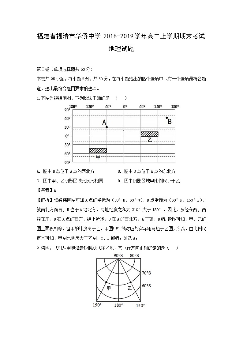 【地理】福建省福清市华侨中学2018-2019学年高二上学期期末考试试题（解析版）01