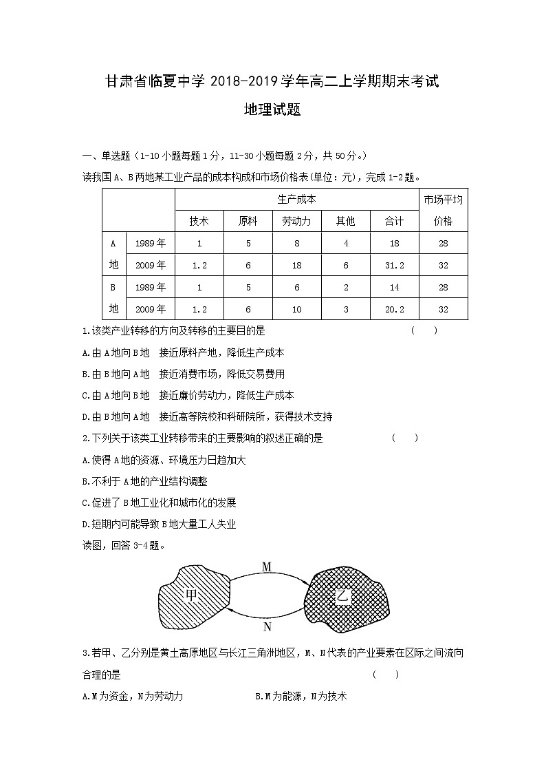 【地理】甘肃省临夏中学2018-2019学年高二上学期期末考试试题01