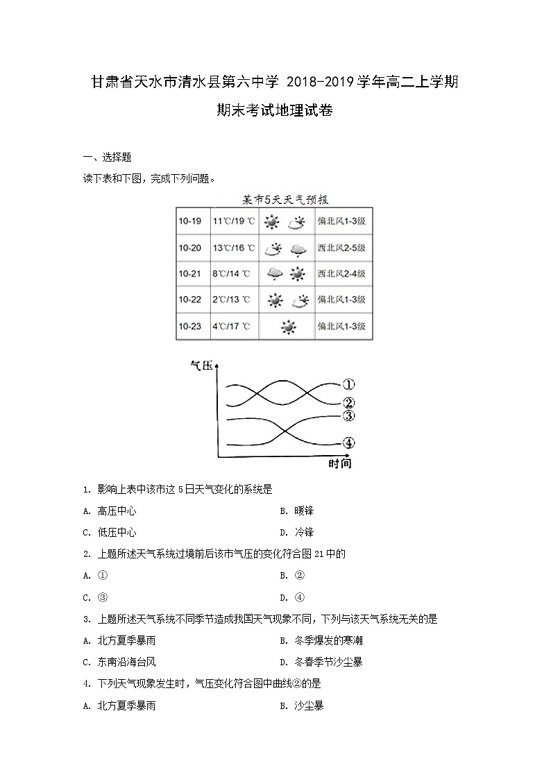 【地理】甘肃省天水市清水县第六中学2018-2019学年高二上学期期末考试试卷（解析版）01