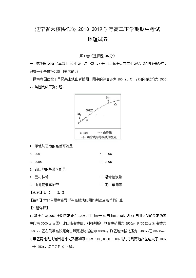 【地理】辽宁省六校协作体2018-2019学年高二下学期期中考试试卷（解析版）01