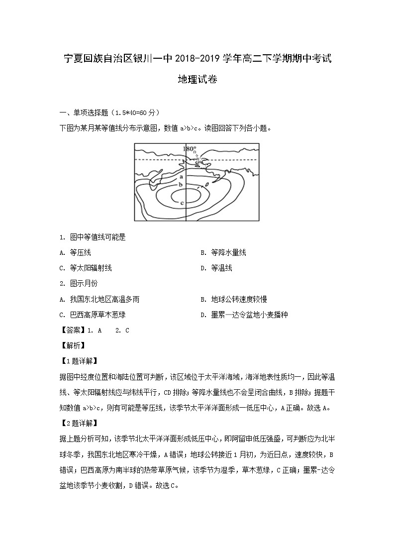 【地理】宁夏回族自治区银川一中2018-2019学年高二下学期期中考试试卷（解析版）01