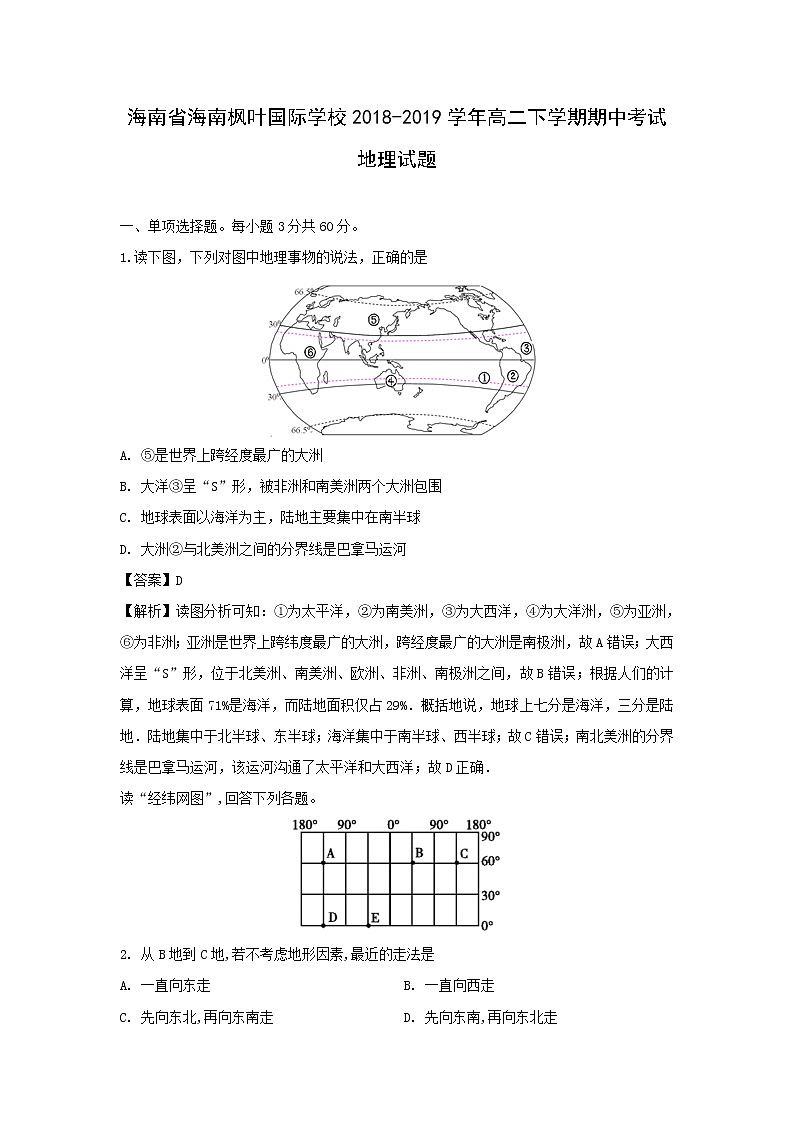 【地理】海南省海南枫叶国际学校2018-2019学年高二下学期期中考试试题（解析版）01