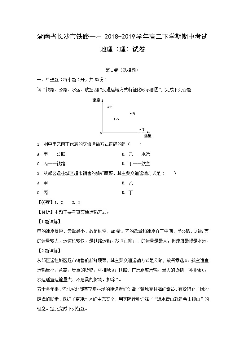 【地理】湖南省长沙市铁路一中2018-2019学年高二下学期期中考试（理）试卷（解析版）01