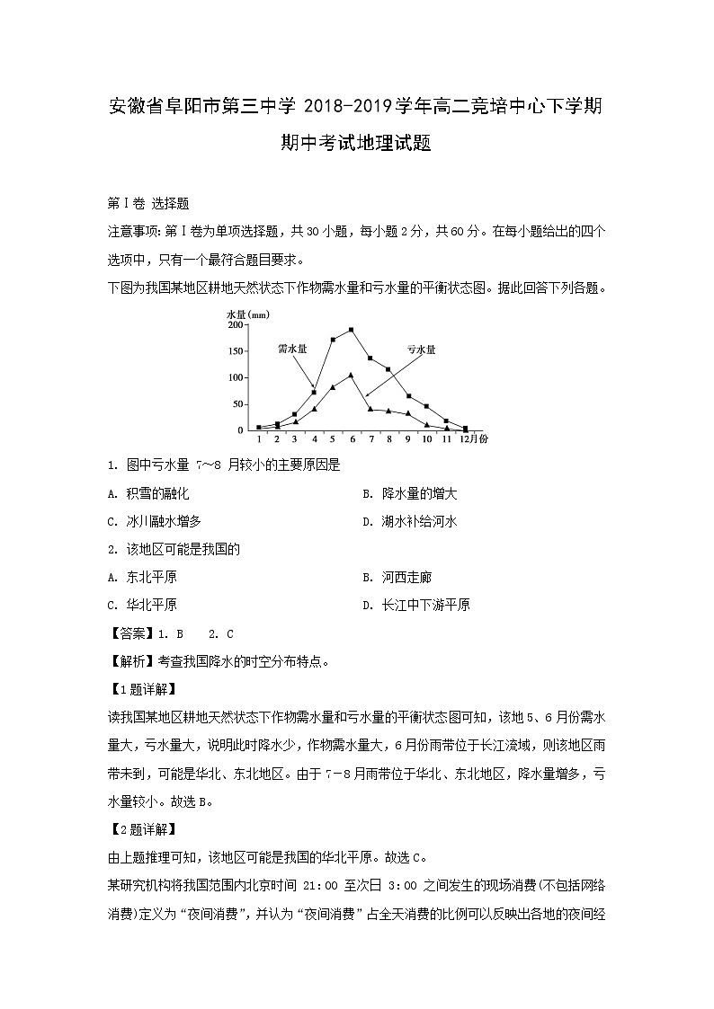 【地理】安徽省阜阳市第三中学2018-2019学年高二竞培中心下学期期中考试试题（解析版）01