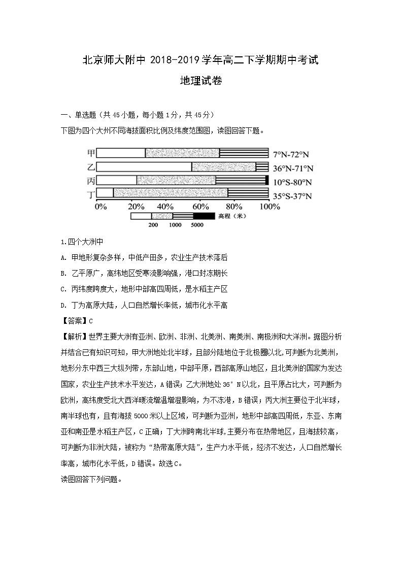 【地理】北京师大附中2018-2019学年高二下学期期中考试试卷（解析版）01