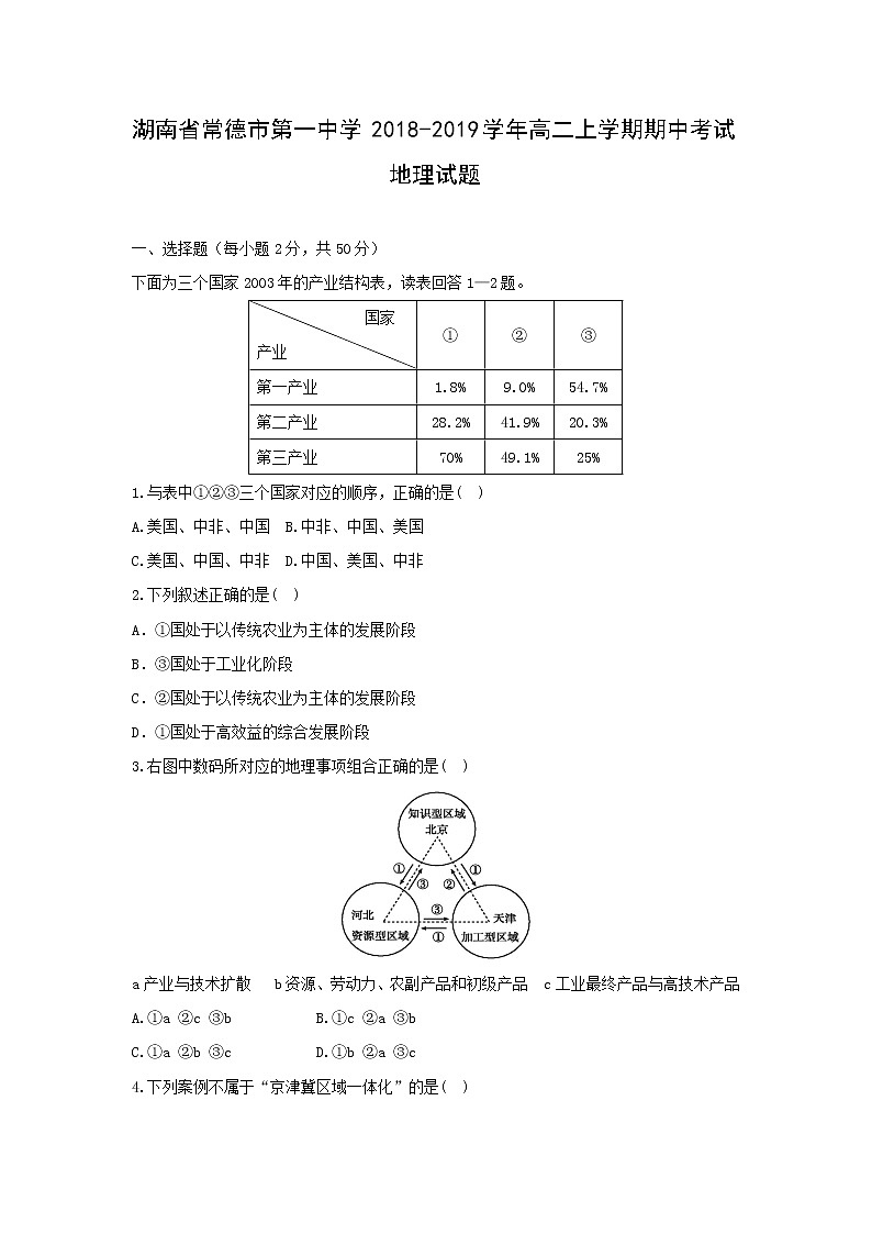 【地理】湖南省常德市第一中学2018-2019学年高二上学期期中考试试题01