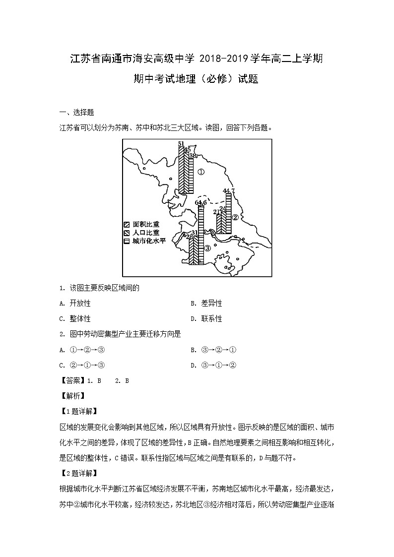 【地理】江苏省南通市海安高级中学2018-2019学年高二上学期期中考试（必修）试题（解析版）01