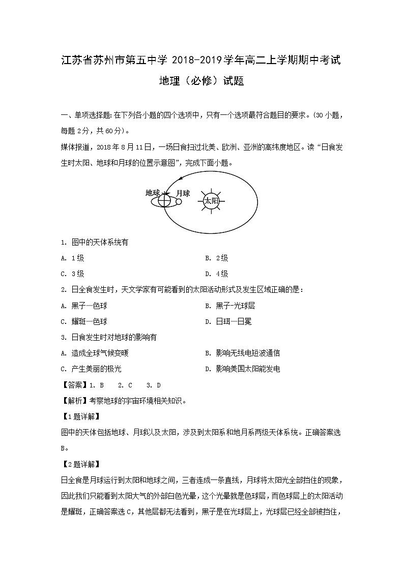 【地理】江苏省苏州市第五中学2018-2019学年高二上学期期中考试（必修）试题（解析版）01