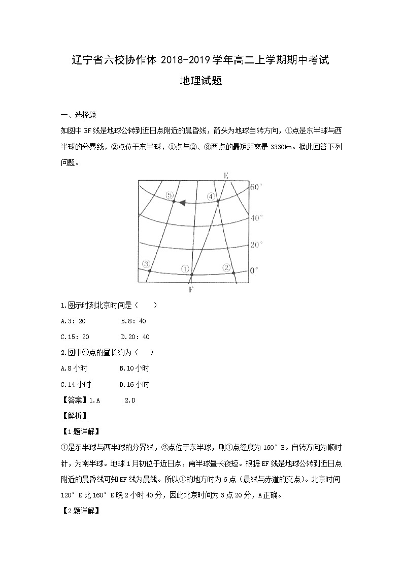 【地理】辽宁省六校协作体2018-2019学年高二上学期期中考试试题（解析版）01