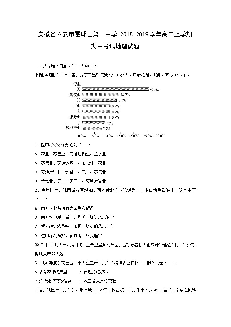 【地理】安徽省六安市霍邱县第一中学2018-2019学年高二上学期期中考试试题01