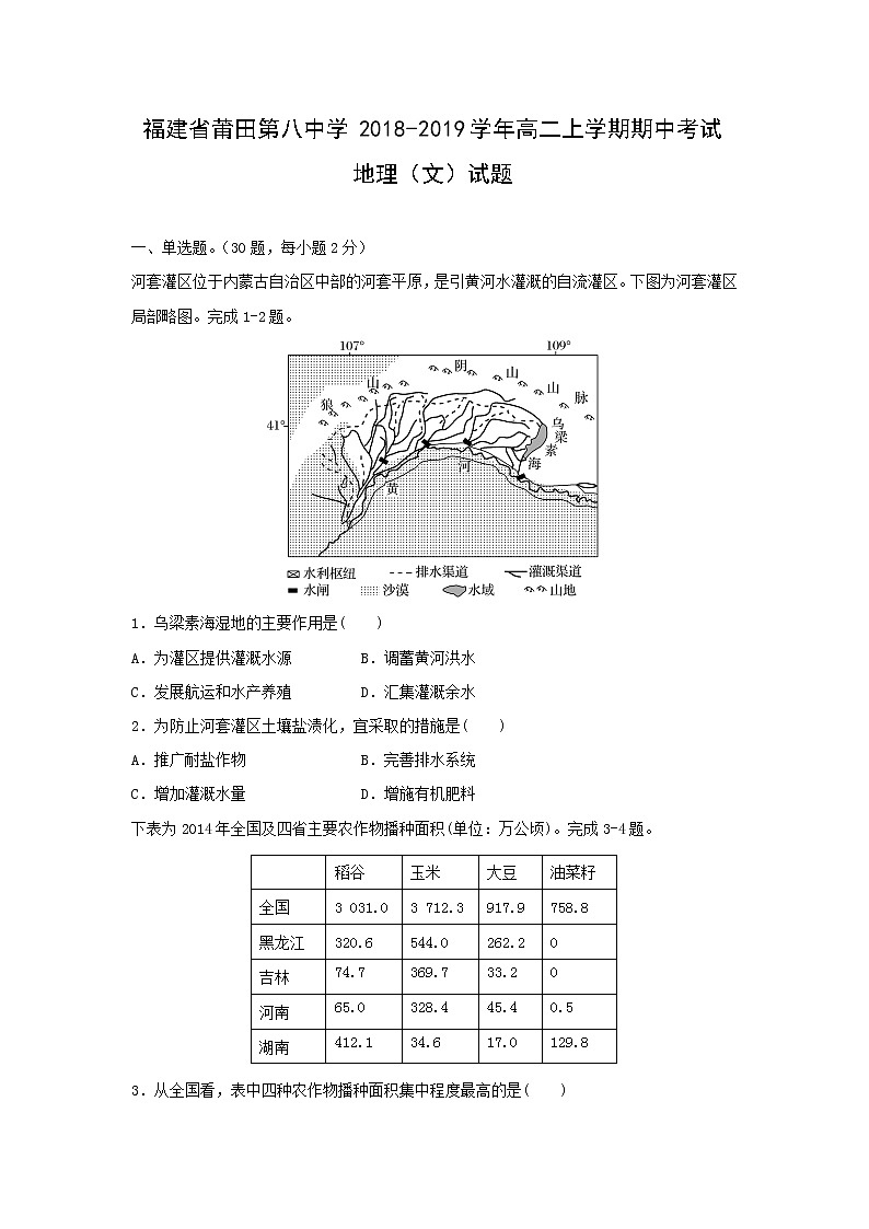 【地理】福建省莆田第八中学2018-2019学年高二上学期期中考试（文）试题01