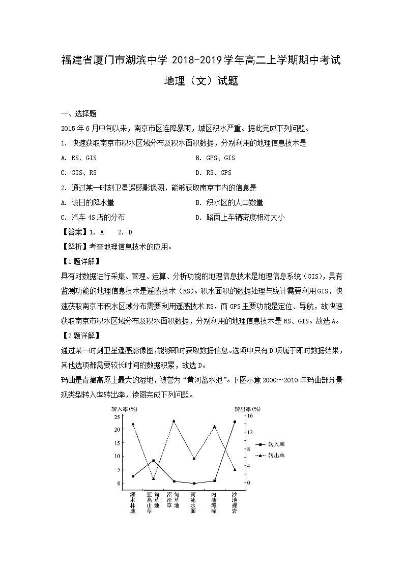 【地理】福建省厦门市湖滨中学2018-2019学年高二上学期期中考试（文）试题（解析版）01