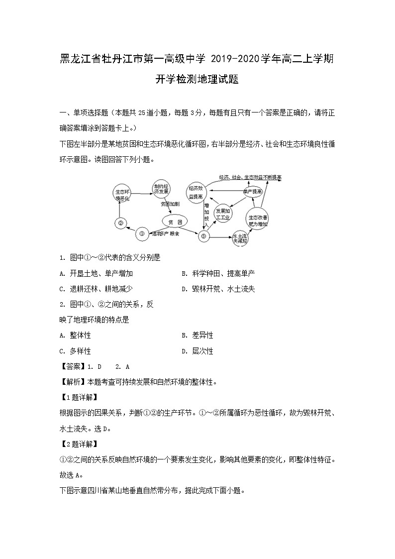 【地理】黑龙江省牡丹江市第一高级中学2019-2020学年高二上学期开学检测试题（解析版）01