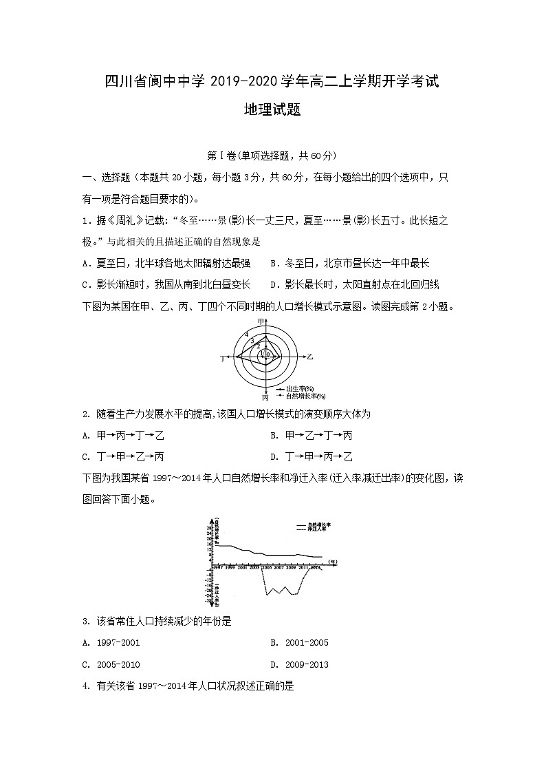 【地理】四川省阆中中学2019-2020学年高二上学期开学考试试题01