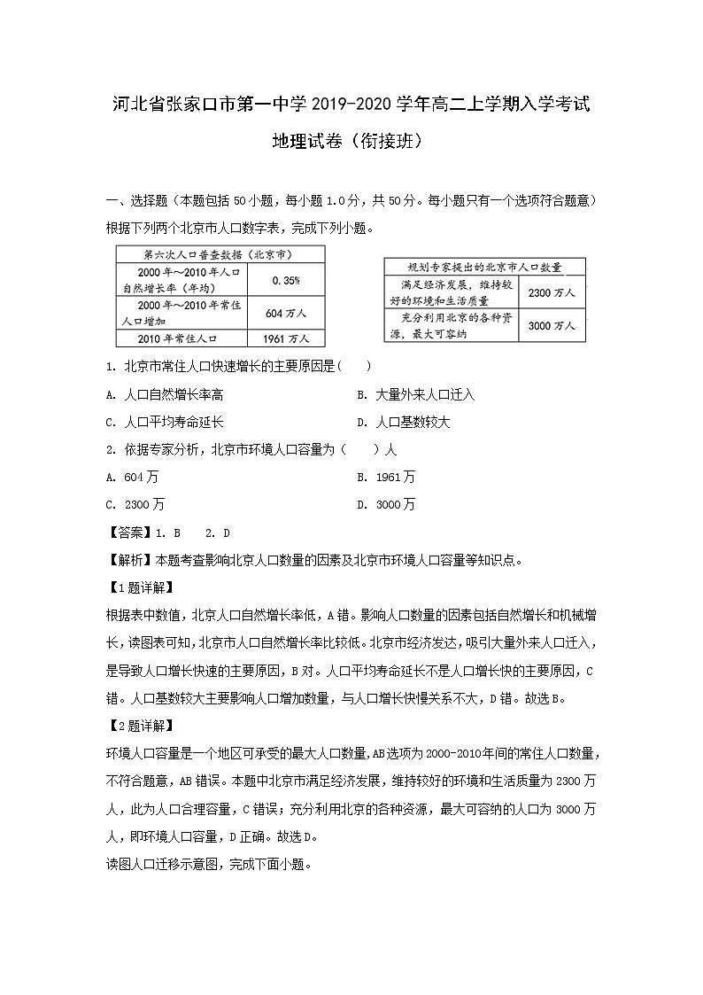【地理】河北省张家口市第一中学2019-2020学年高二上学期入学考试试卷（衔接班）（解析版）01