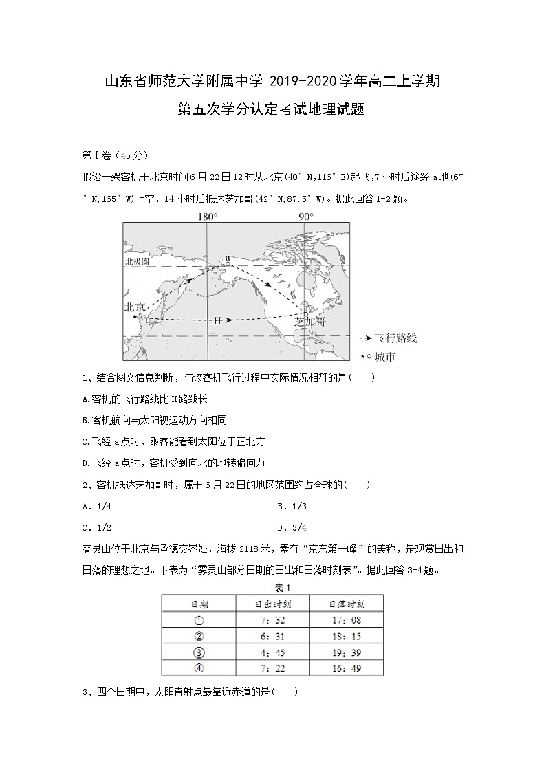 【地理】山东省师范大学附属中学2019-2020学年高二上学期第五次学分认定考试试题01