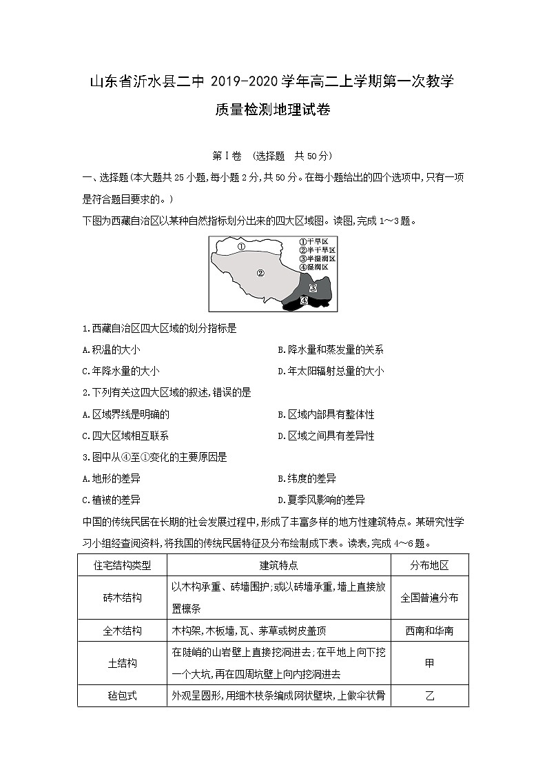 【地理】山东省沂水县二中2019-2020学年高二上学期第一次教学质量检测试卷01