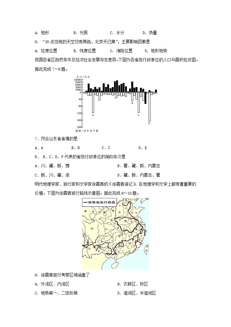 【地理】山东省五莲县2019-2020学年高二上学期模块检测（期中）试题02