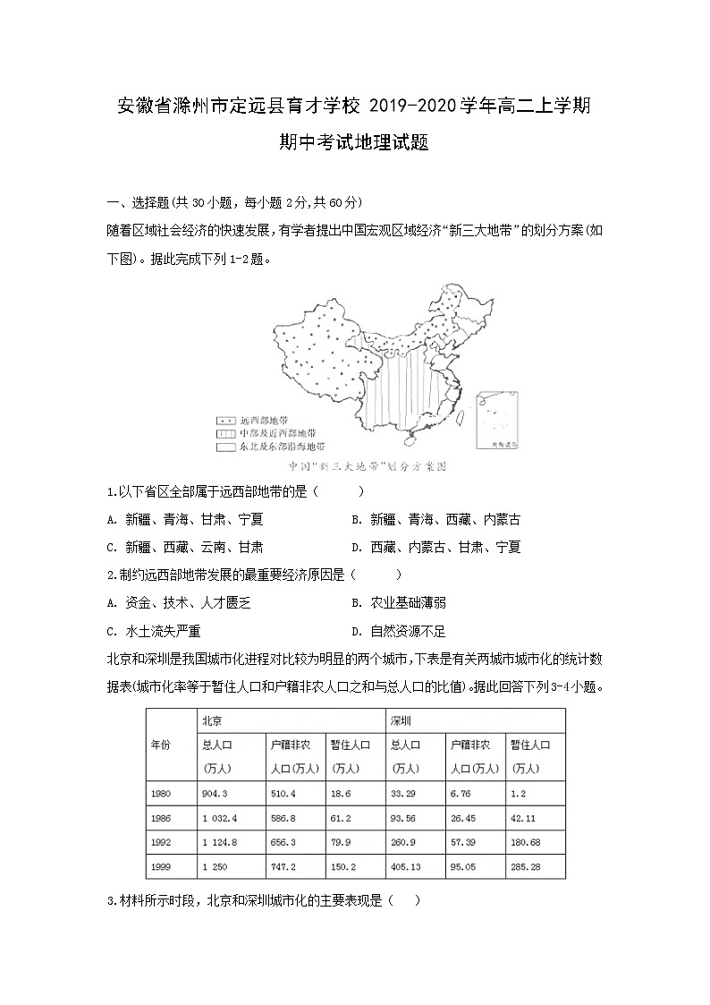 【地理】安徽省滁州市定远县育才学校2019-2020学年高二（实验班）上学期期中考试试题01