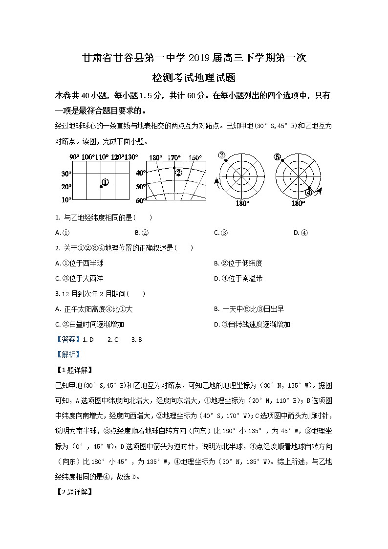 甘肃省天水市甘谷第一中学2019届高三下学期第一次检测考试地理试题01