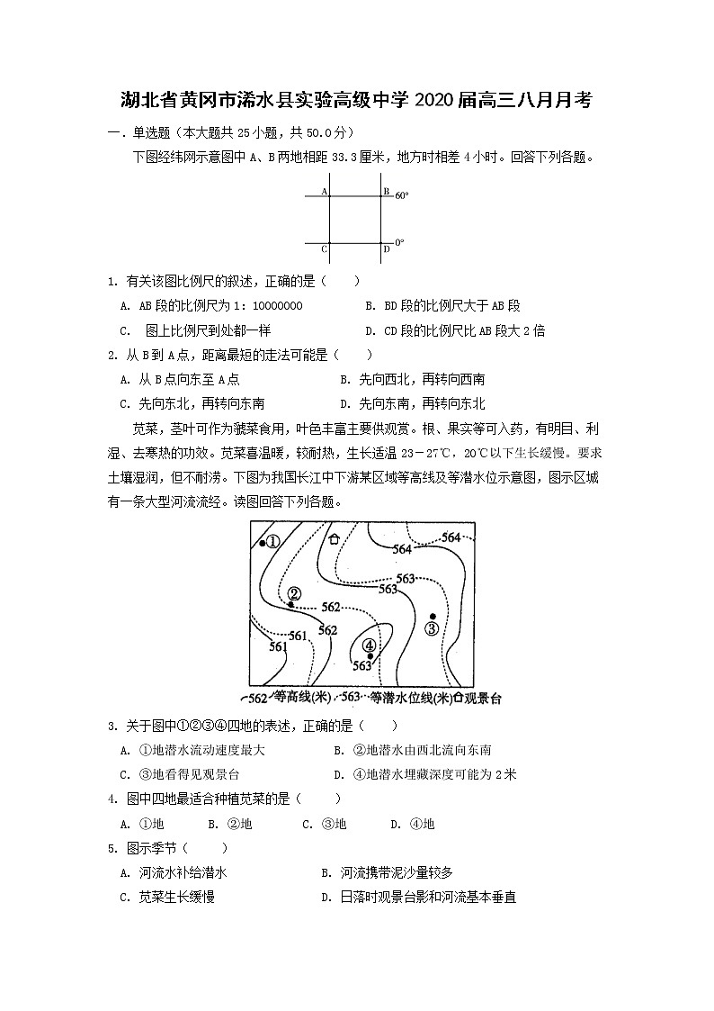 【地理】湖北省黄冈市浠水县实验高级中学2020届高三八月月考 试卷01