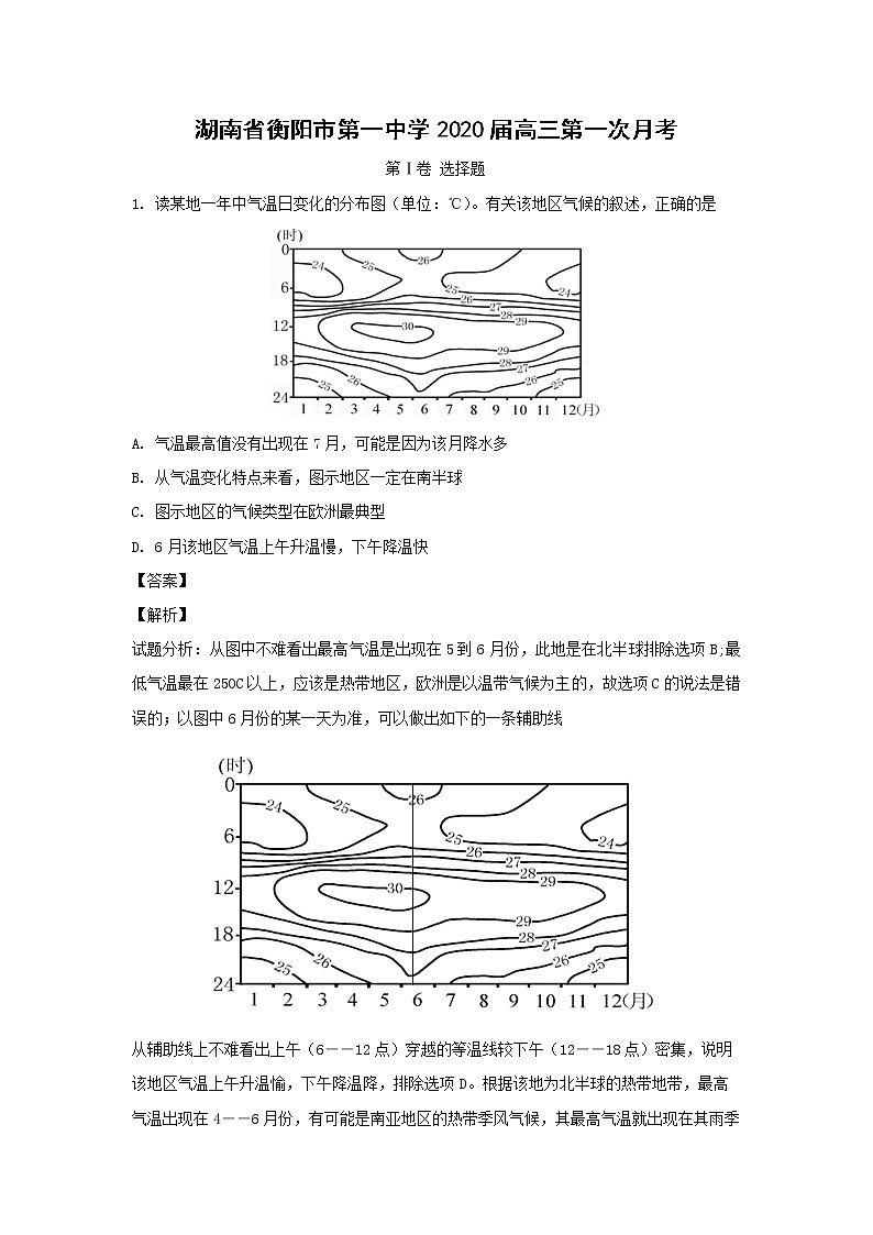 【地理】湖南省衡阳市第一中学2020届高三第一次月考（解析版） 试卷01