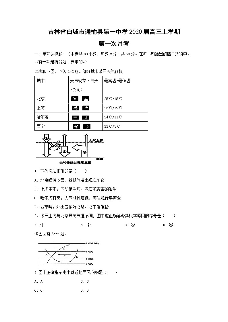 【地理】吉林省白城市通榆县第一中学2020届高三上学期第一次月考 试卷01