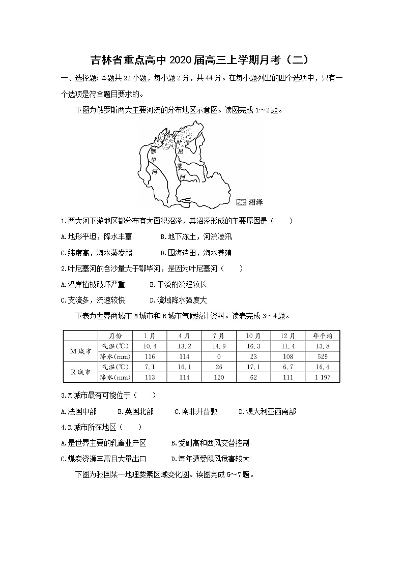 【地理】吉林省重点高中2020届高三上学期月考（二） 试卷01