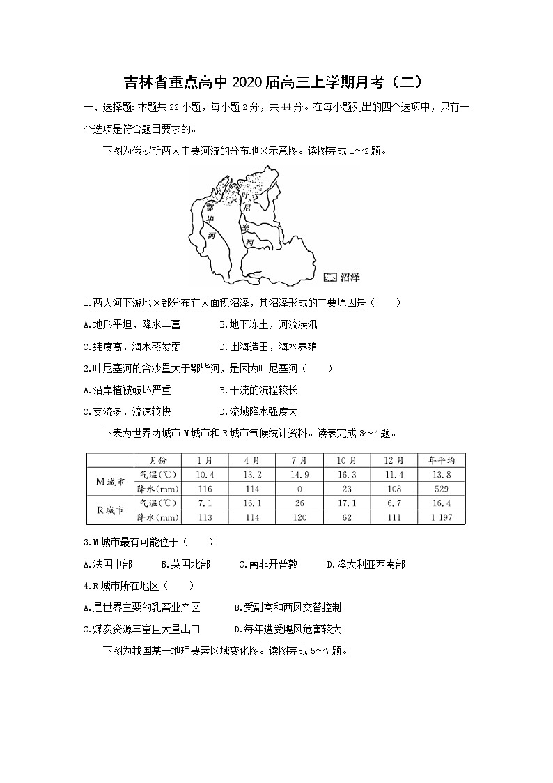 【地理】吉林省重点高中2020届高三上学期月考（二）2 试卷01